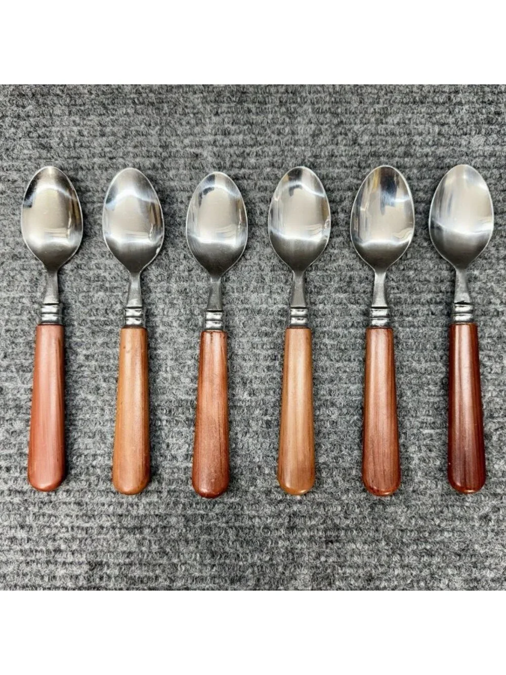 Faberware Silverware Lot Of 6 Spoons Faux Wood Brown Handle Set Oval Vintage